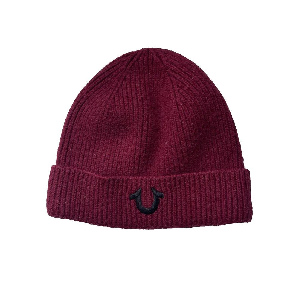 True Religion Knit Beanie Hat Cap Cashmere Lambswool Blend Red Black One Size